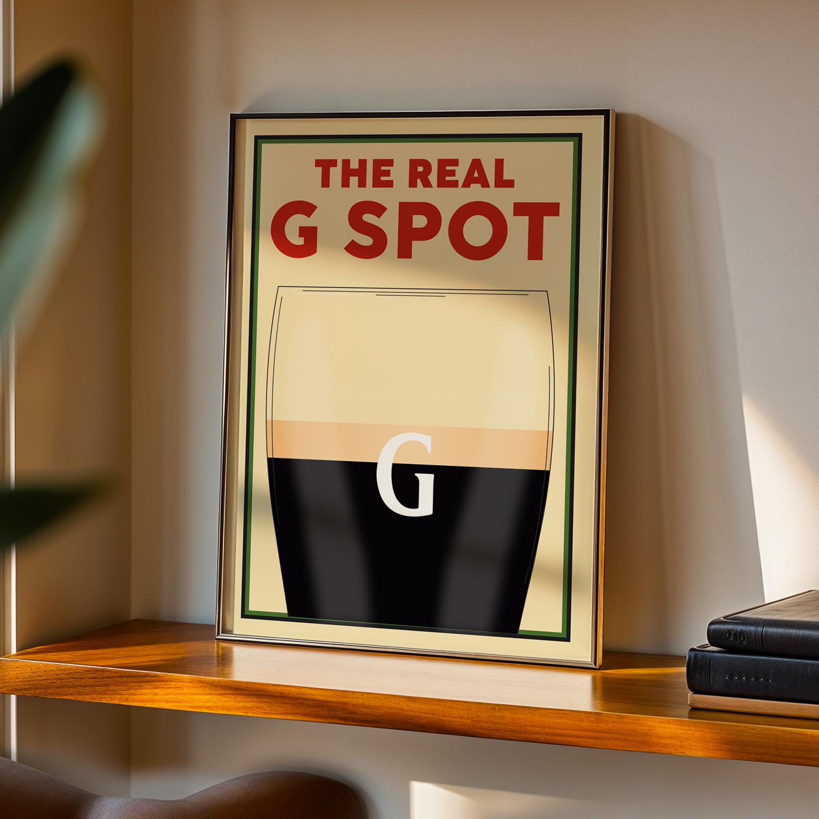 Humorous beer wall art showing a pint and G spot pun, great gift idea for men who enjoy beer.