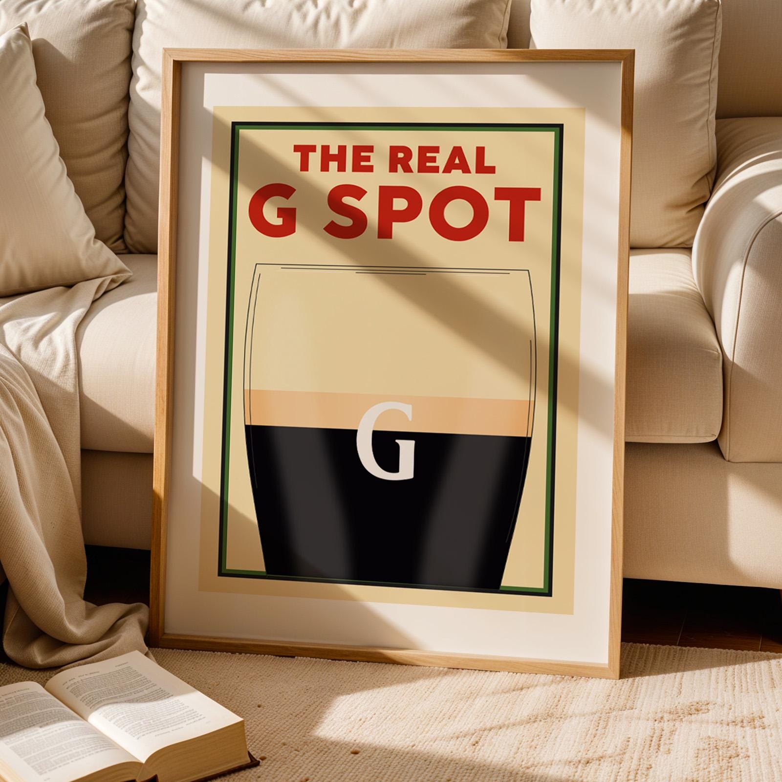 Framed beer print with “The Real G Spot” joke, ideal for bar walls, game rooms, or man cave decor.
