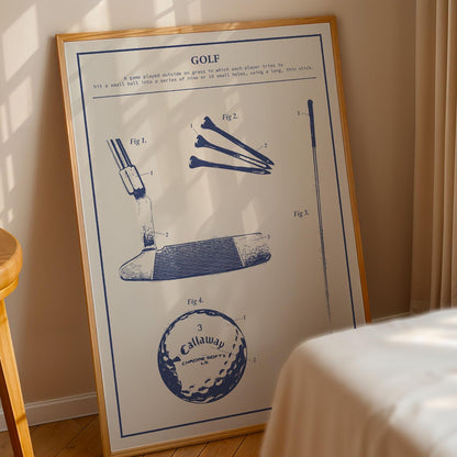 Golf patent blueprint art print leaning on counter, with a blue colours highlighting clubs, ball, and tee in vintage style.