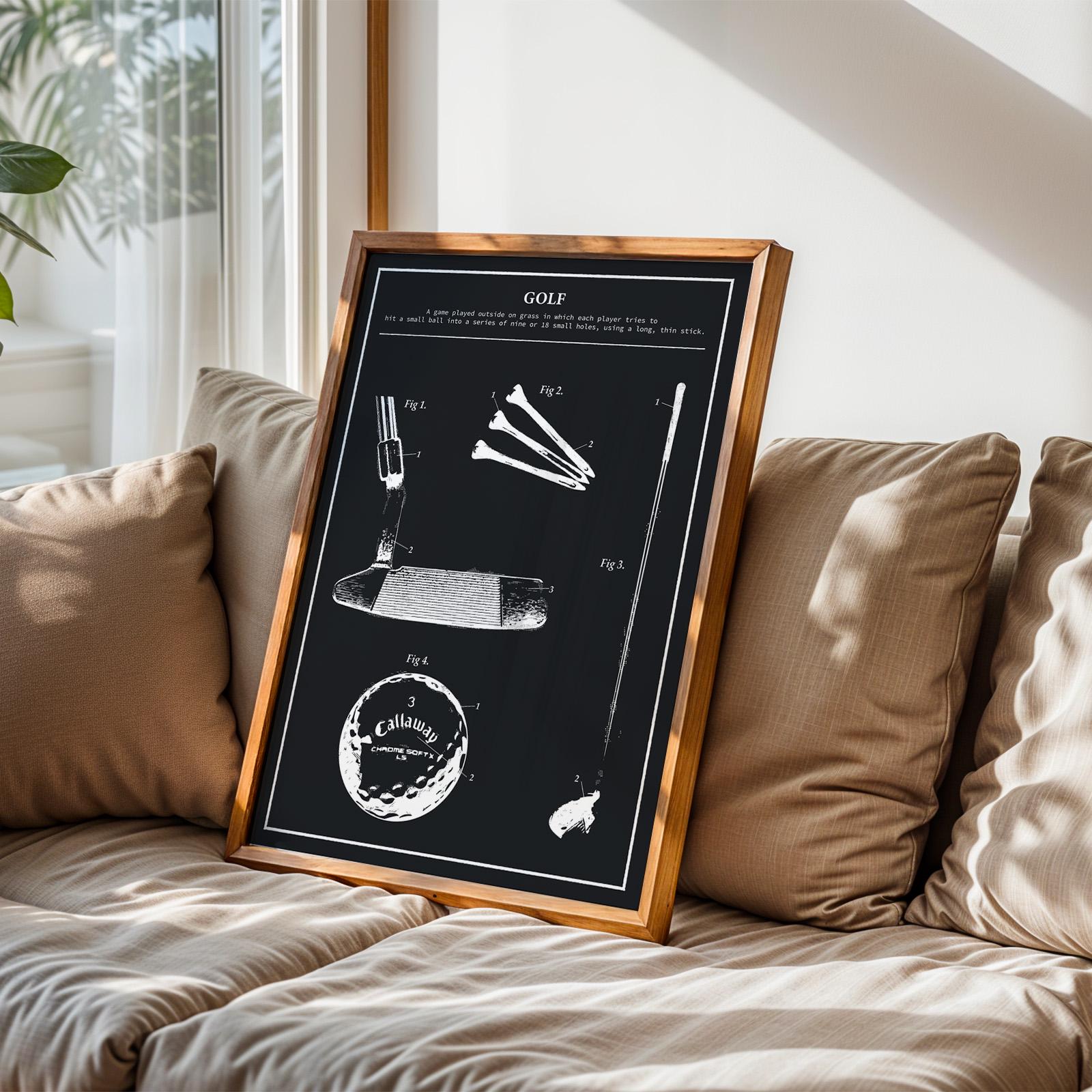 Framed blueprint golf patent poster leaning on sofa, featuring clubs, ball, and tee in rustic black and white style, perfect gift for golf lovers.