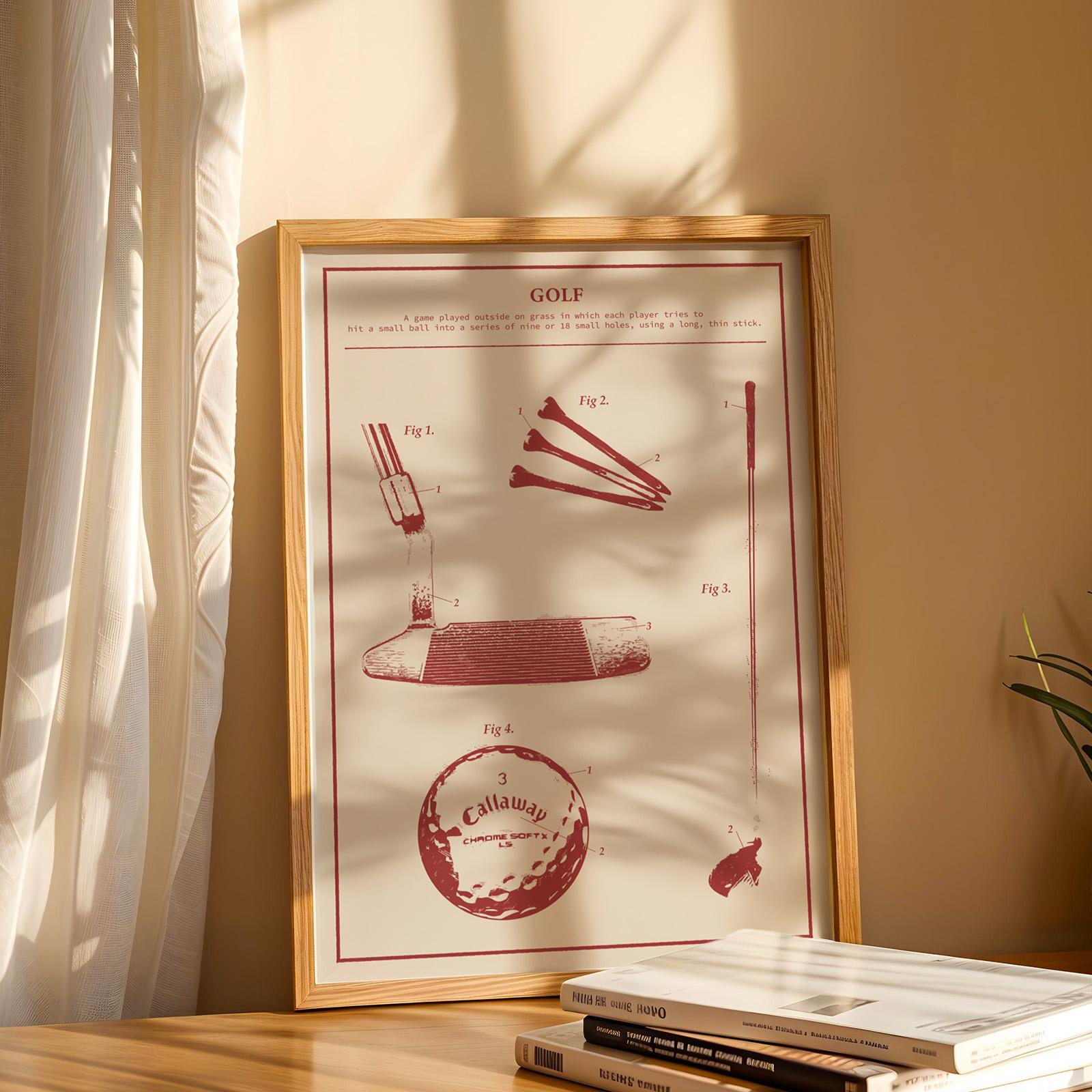 Golf patent blueprint print leaning on wall, featuring clubs, ball, and tee in clean red design, ideal gift for golf fans.