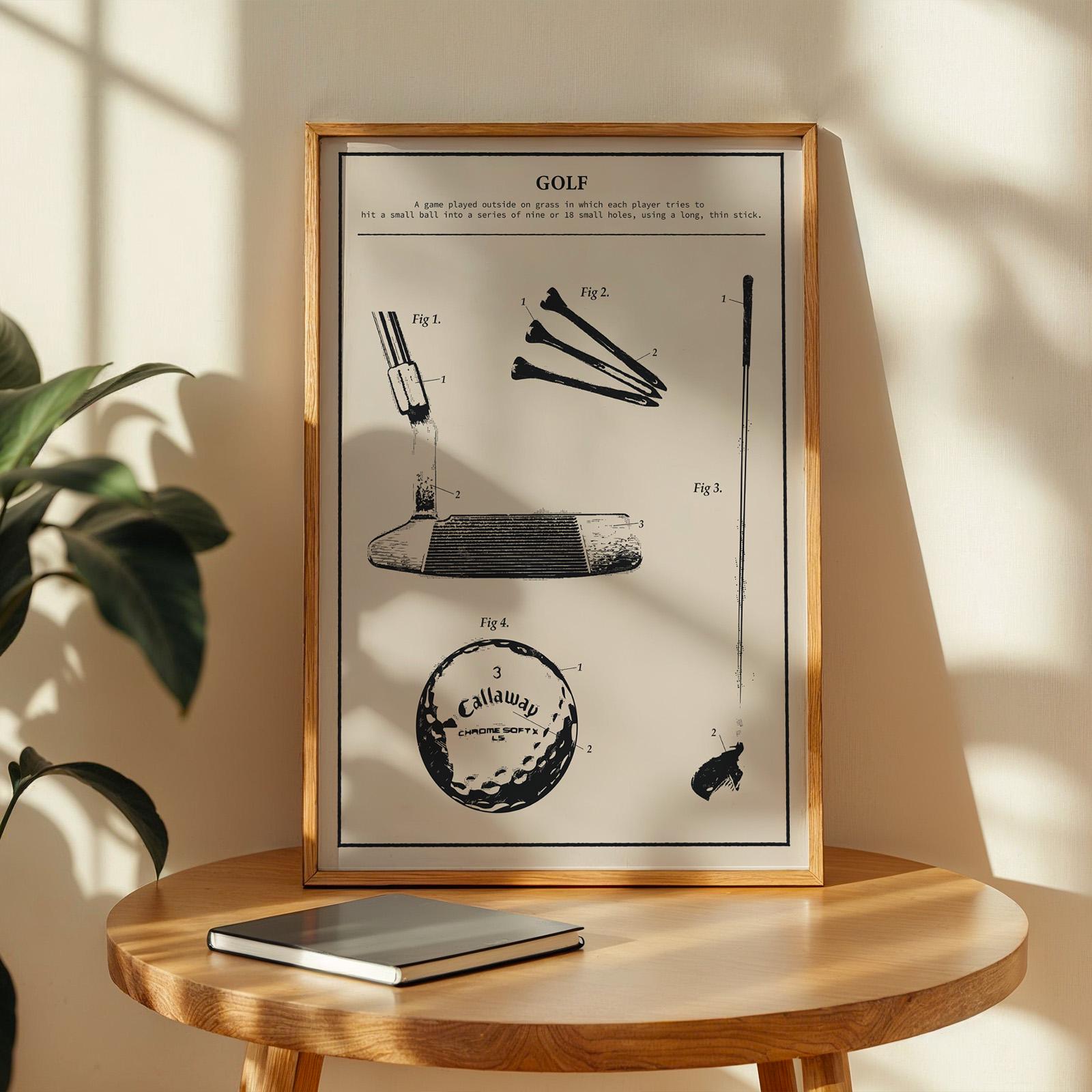 Framed retro golf art leaning on wall, heritage poster, embossed design, ready to print and frame.