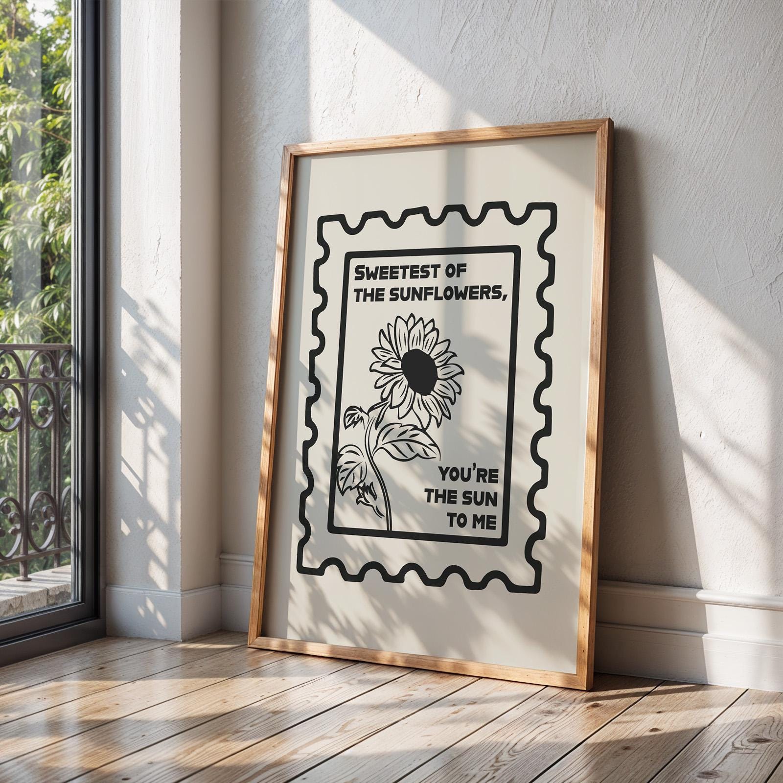 Trendy country lyric art, sunflower and stamp details, leaning on floor, perfect cowgirl room decor in multiple sizes.