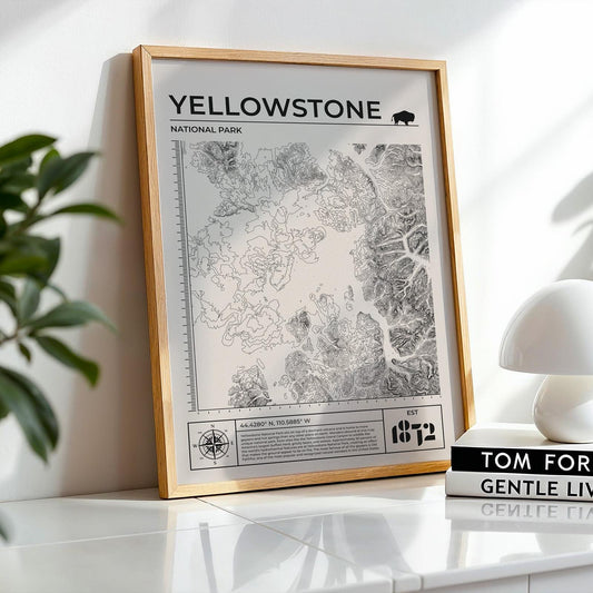 Framed off-white Yellowstone topography poster art, great gift for nature lovers, hikers, and campers.