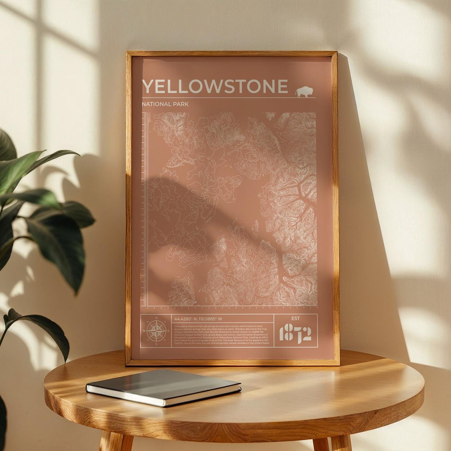 Framed Yellowstone topography art print in terracotta, perfect gift for nature, hiking, and camping lovers.