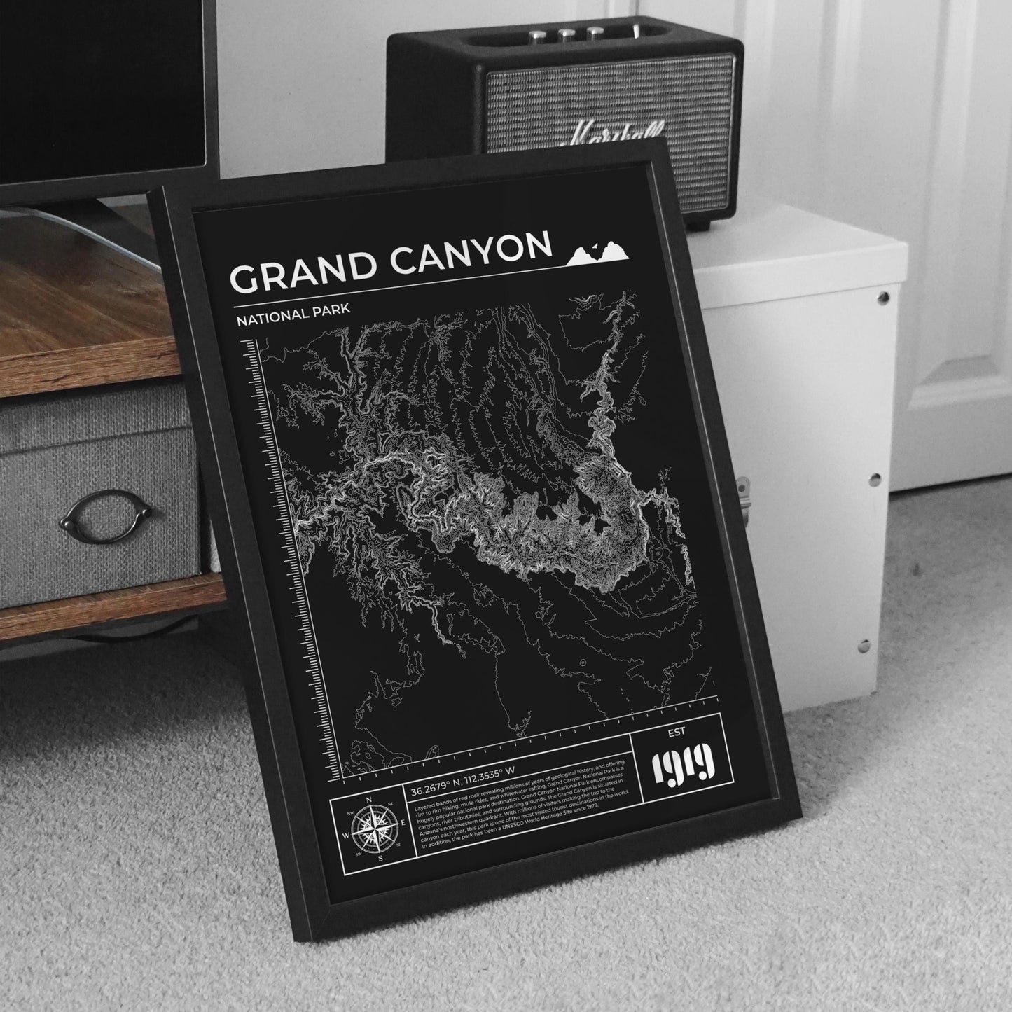 Digital file of black Grand Canyon topography print, perfect for outdoor and camping fans.