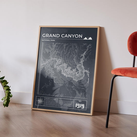 Grand Canyon topography art print framed in slate, great camping and outdoor enthusiast gift.