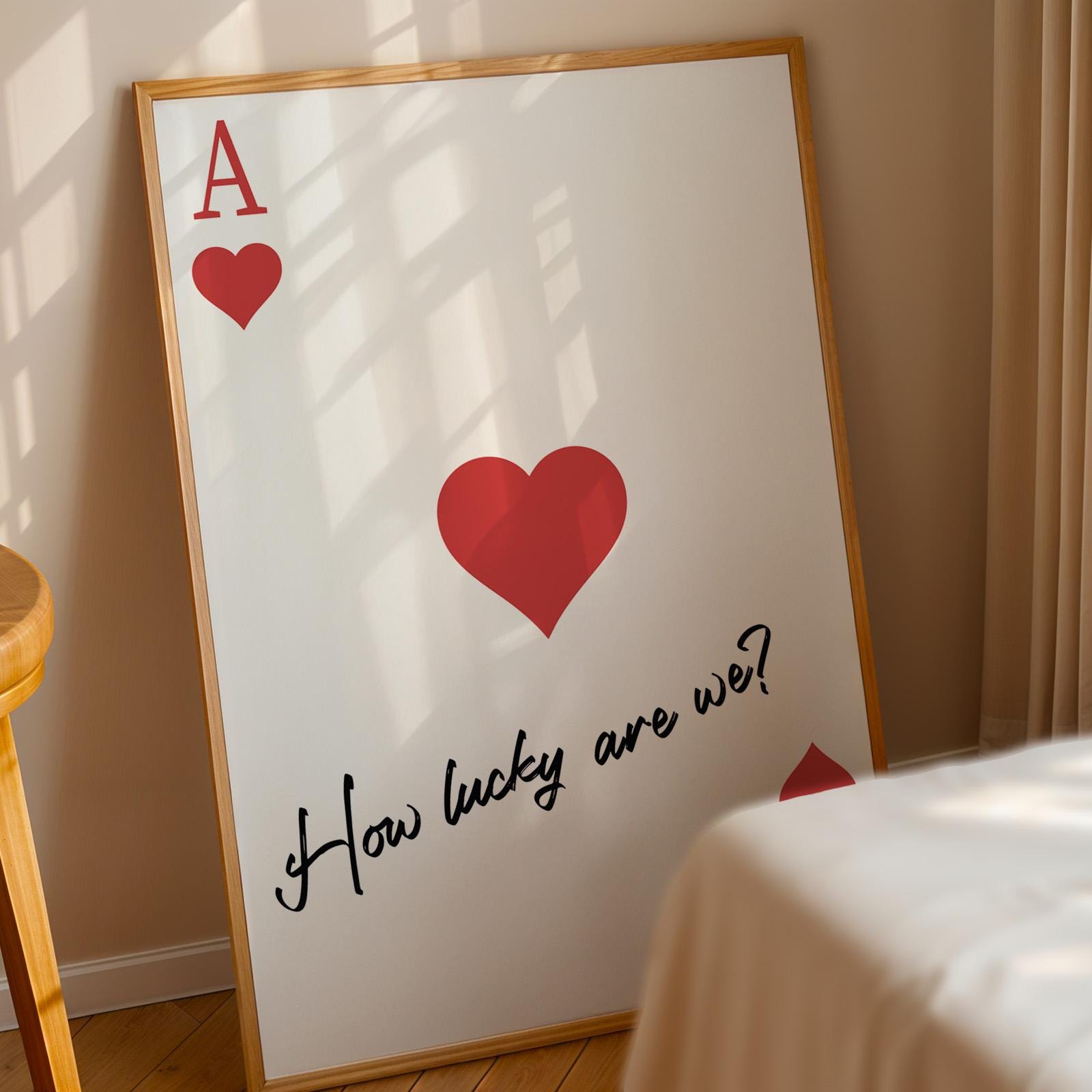 Stylish wall art featuring red hearts and music lyric, designed like a playing card A great for Western gift ideas.