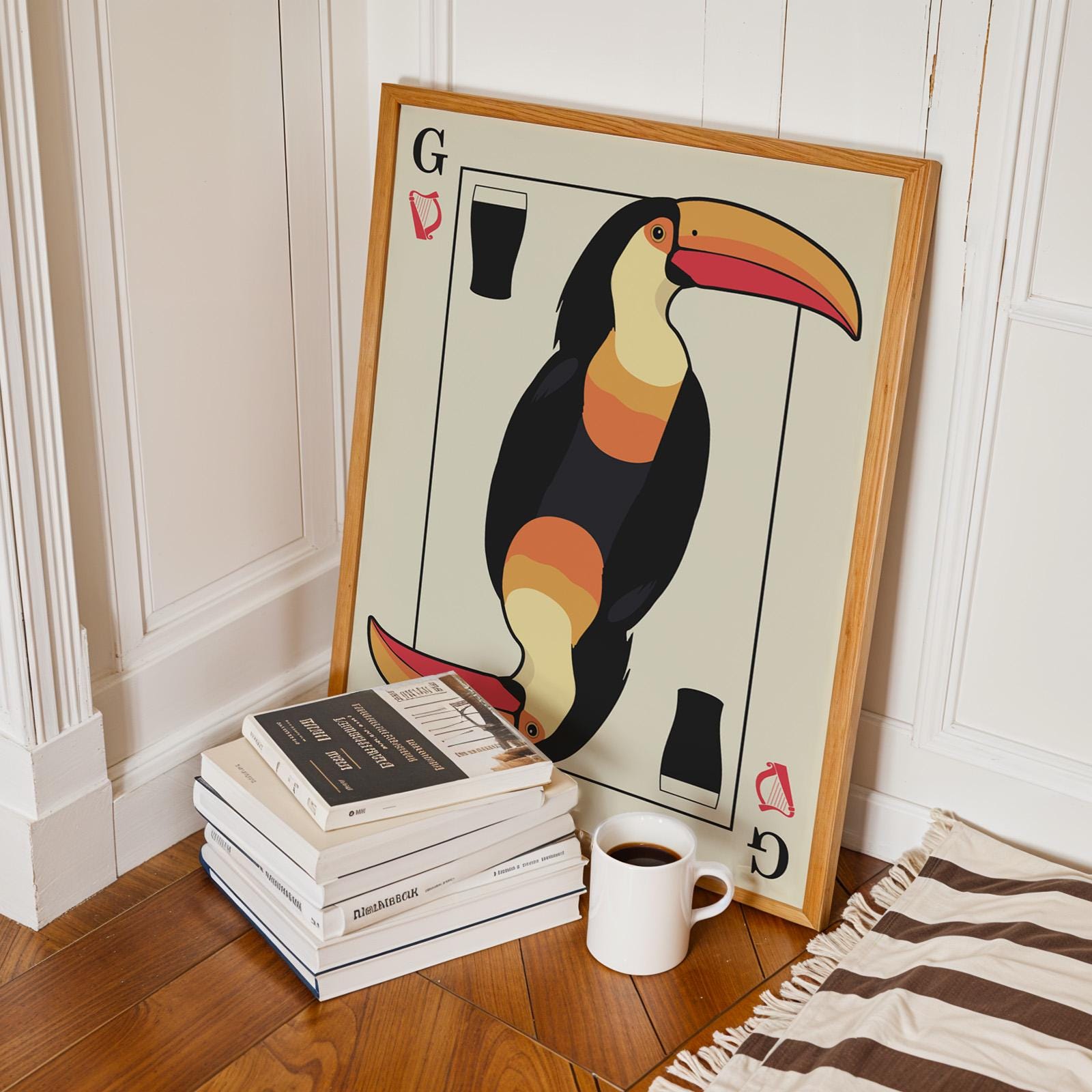 Printable toucan poster in classic dark colour scheme, stylish beer lover’s gift for home or bar décor. In bedroom leaning