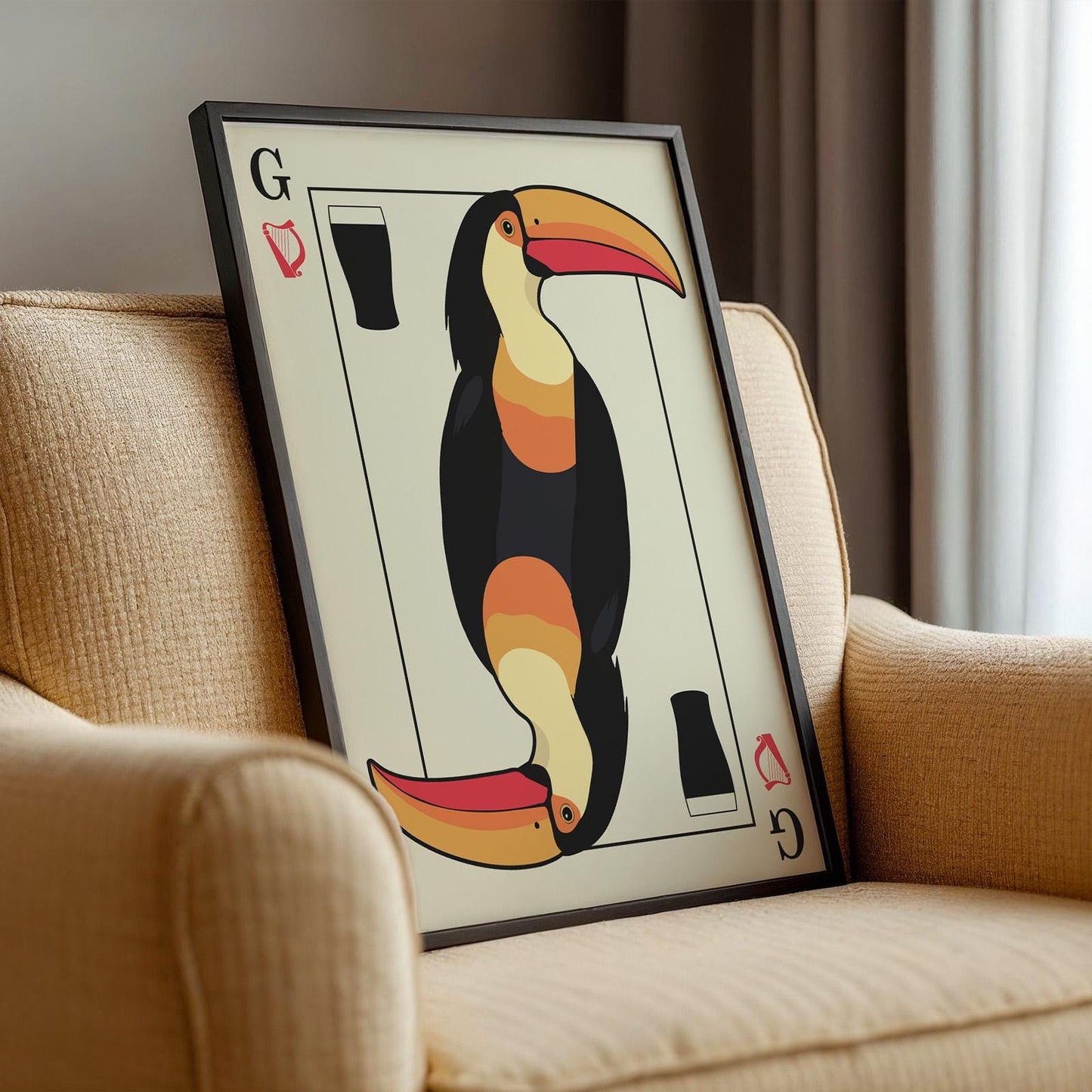 Vintage-style playing card wall art featuring toucan artwork, ideal for beer lovers and pint drinkers. Framed in living room.