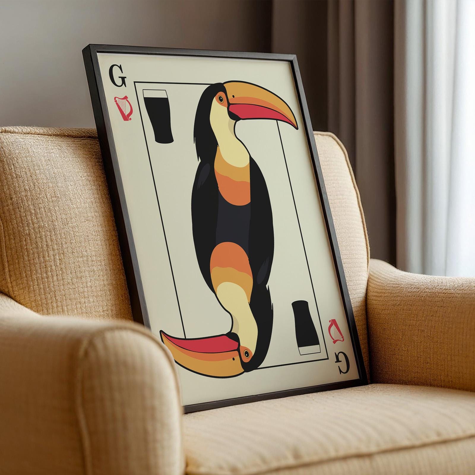 Vintage-style playing card wall art featuring toucan artwork, ideal for beer lovers and pint drinkers. Framed in living room.