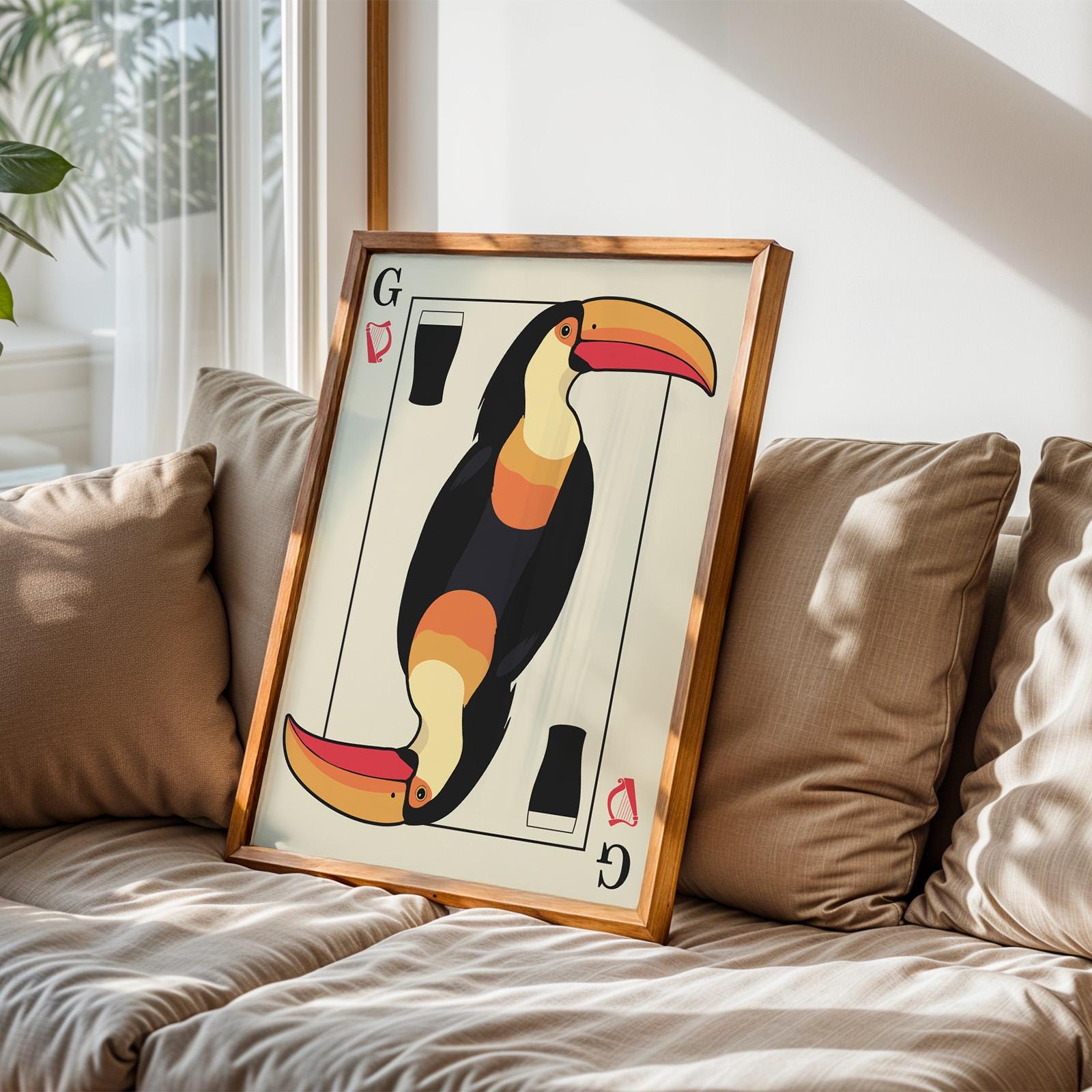 Vintage-style digital poster with toucan playing card design, perfect for pub fans and pint lovers.
