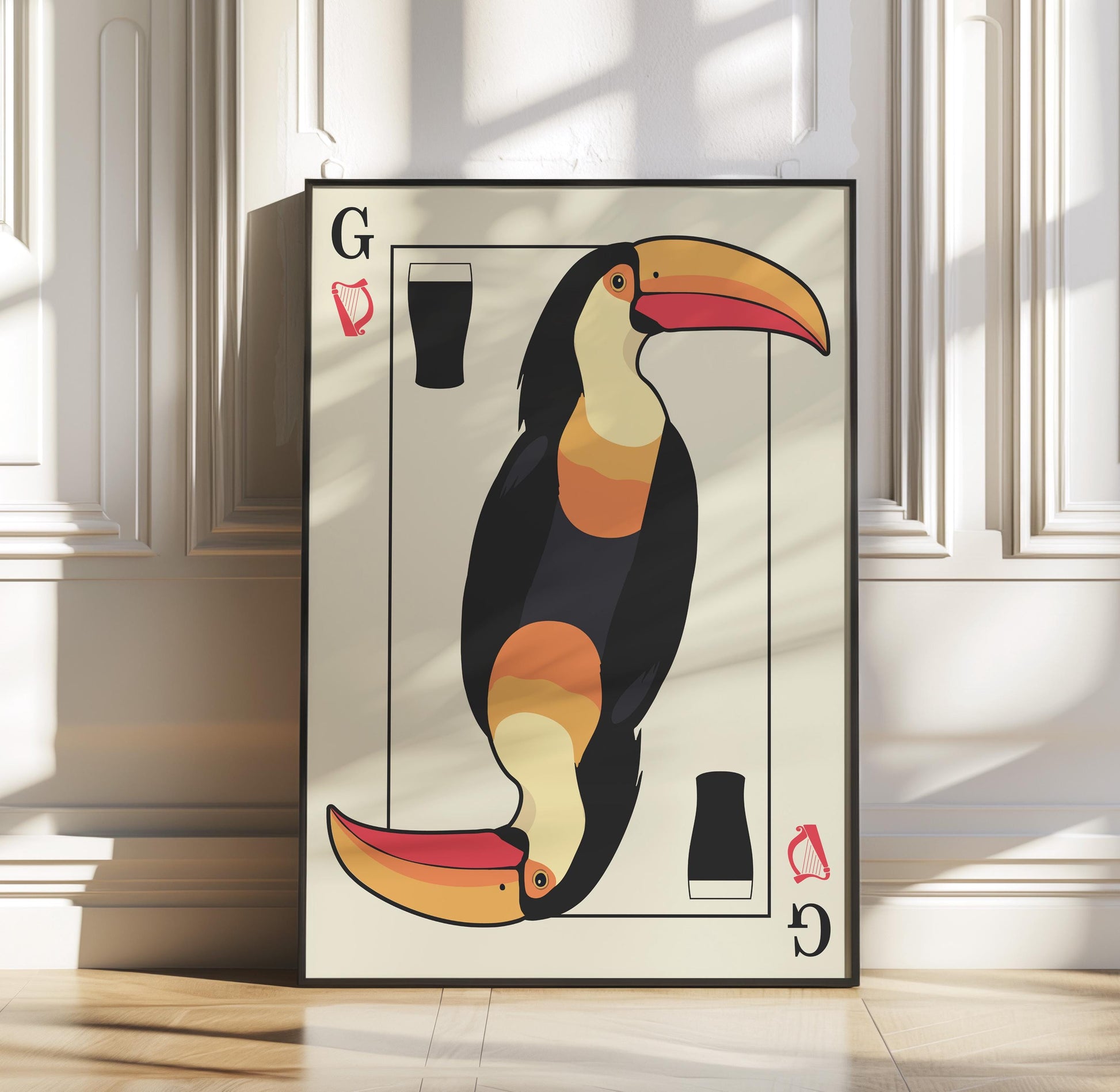 Bold toucan artwork on deck of cards poster, perfect for beer fans and pub culture enthusiasts. leaning on wall in office