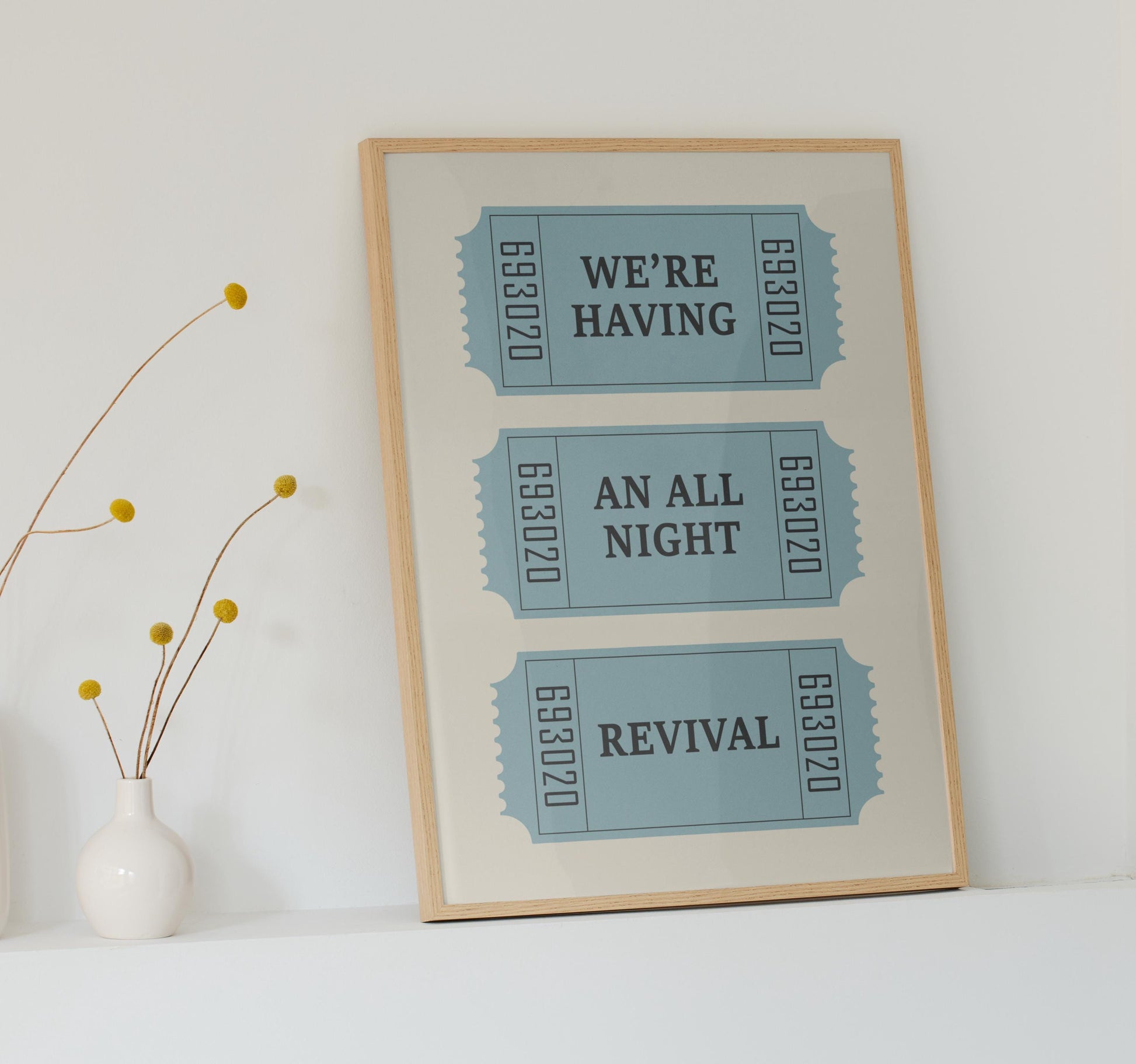 Printable wall art with “we&#39;re having an all night revival” on three vintage tickets, ideal for country music fans.