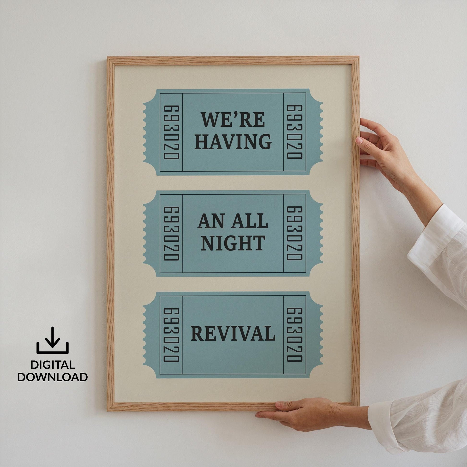 Digital country lyric poster with vintage ticket stubs and “we&#39;re having an all night revival,” perfect for rustic décor.
