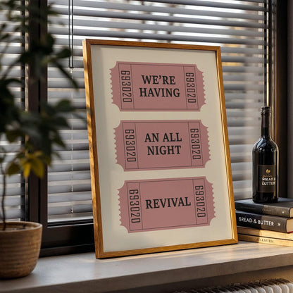 Western lyric poster with vintage tickets and “all night revival” phrase, great gift for country décor fans. Art on shelf