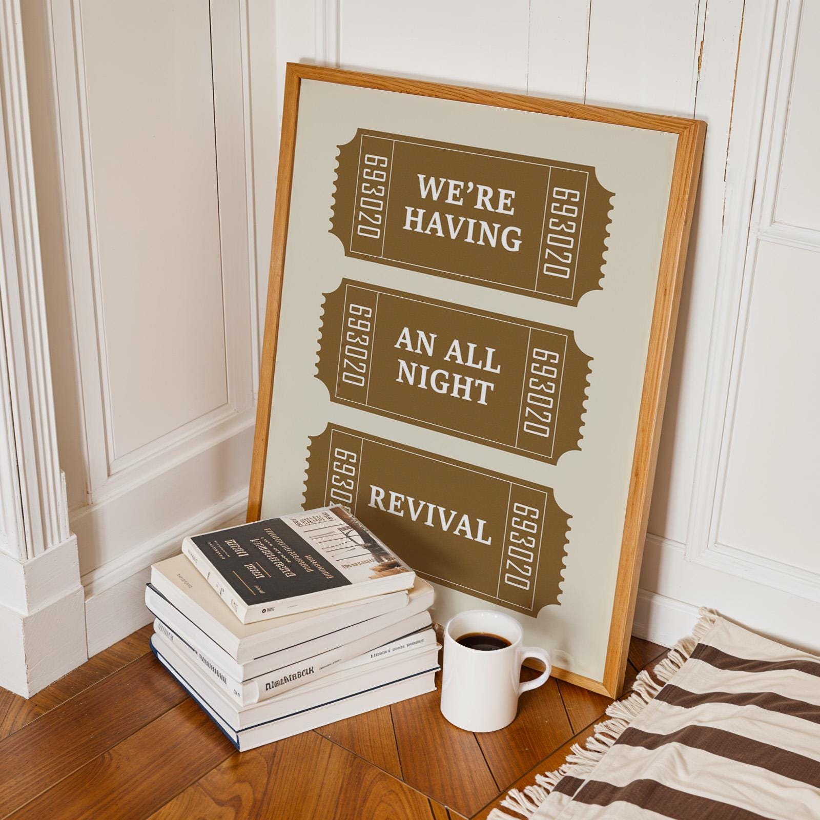 Vintage ticket poster with “we're having an all night revival” lyric, ideal western gift for music lovers and home décor.