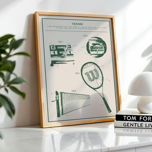 Physical tennis wall art with blueprint illustrations of a serve-ready racket and match-play net setup.