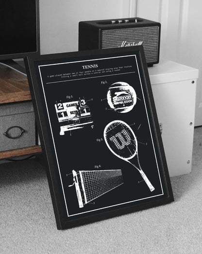 Framed tennis schematic poster with court layout and racket design, great for clubs, lounges, or home gyms.
