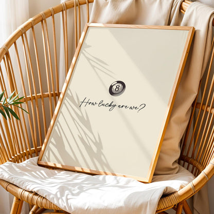 Physical wall art with “how lucky are we” lyric and retro snooker ball, framed for pub-style décor or home office.