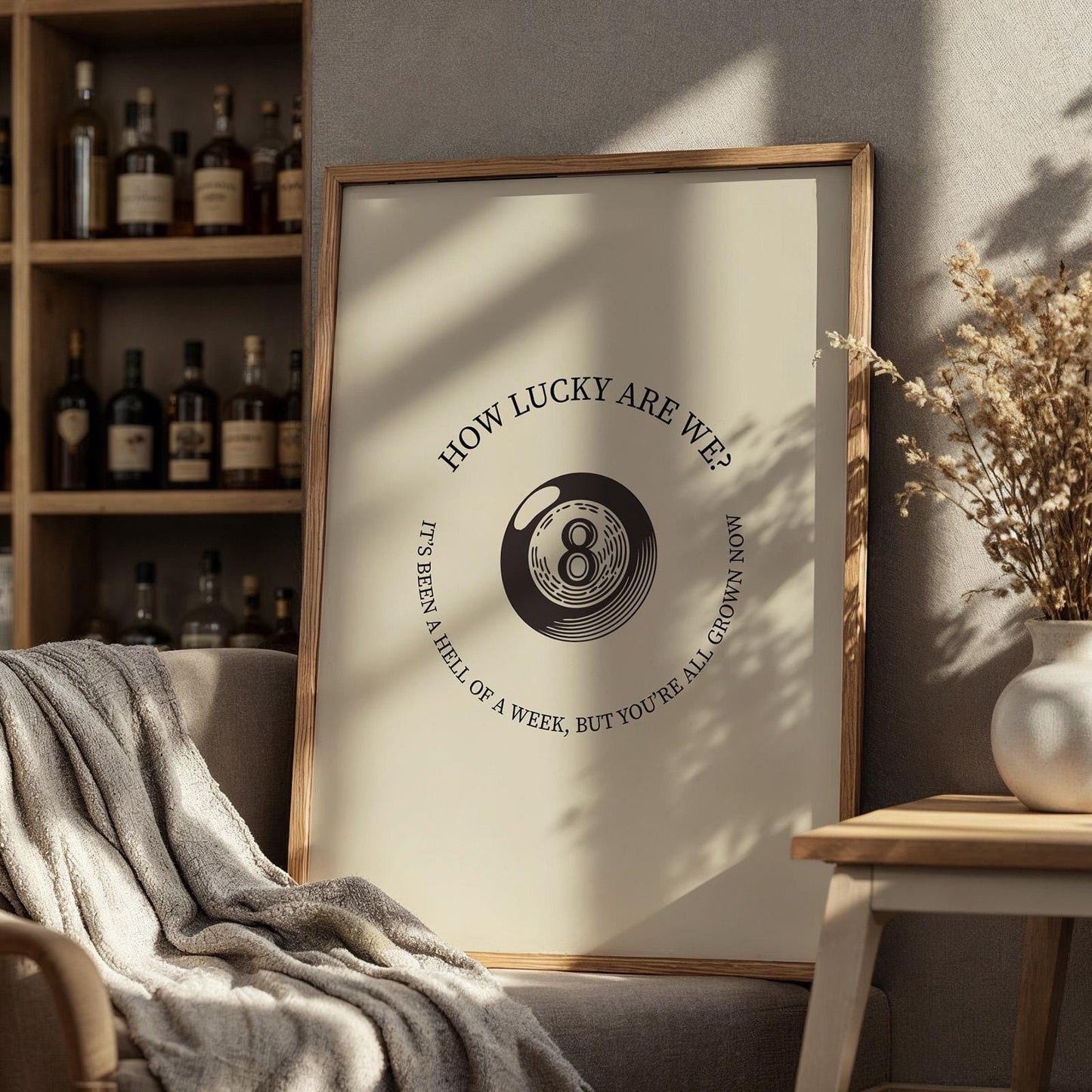 Vintage-inspired eight ball poster with country lyric, ideal gift for fans of music, minimal design, and luck themes.