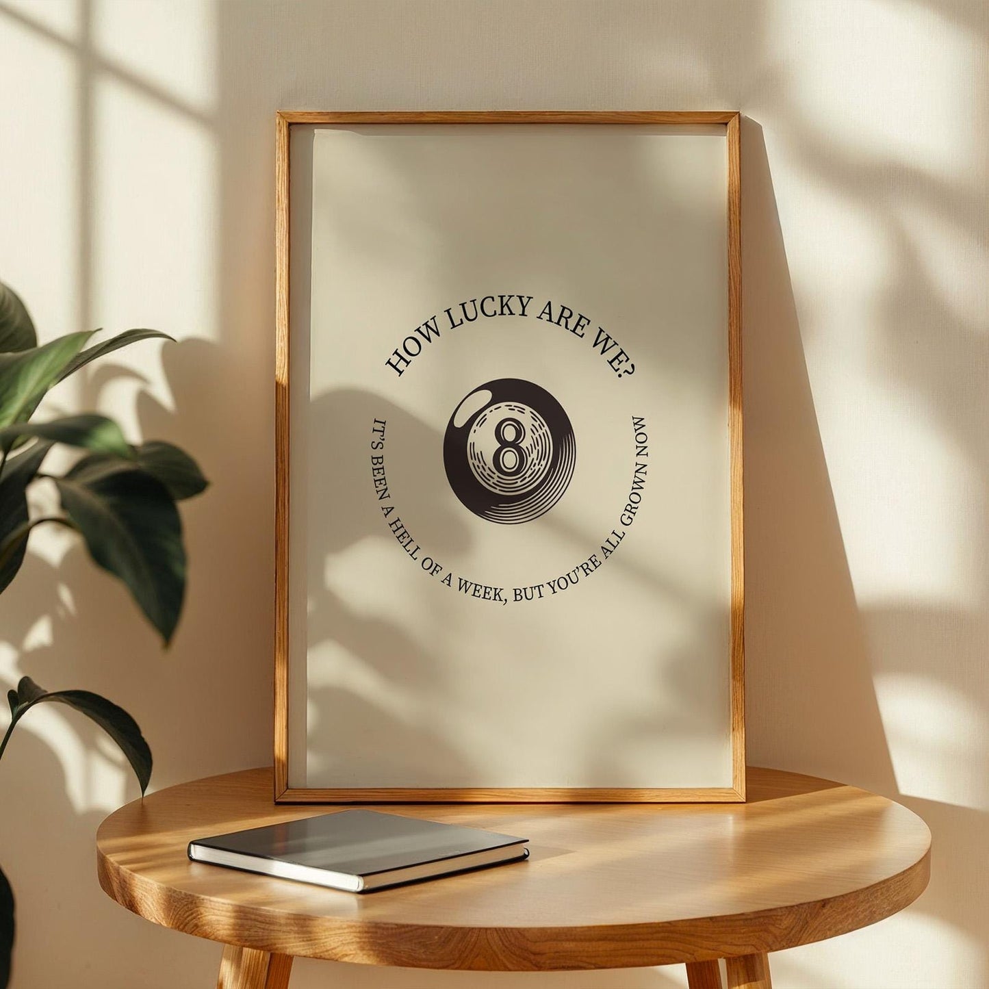 How lucky are we lyric poster with clean retro eight ball design, stylish country cowboy wall décor for any setting.