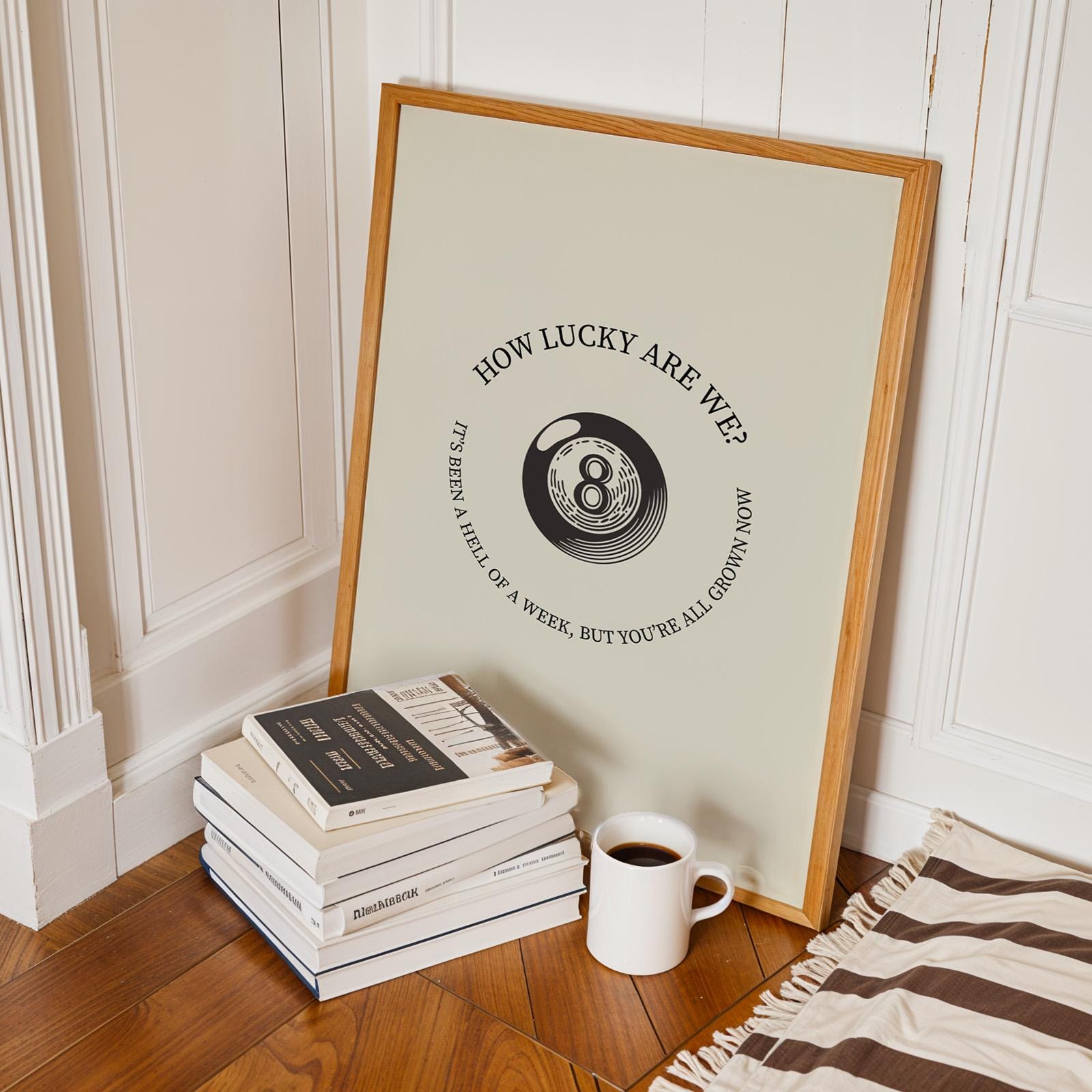Printable minimalist eight ball poster with “how lucky are we” lyric, great digital gift for country music fans.