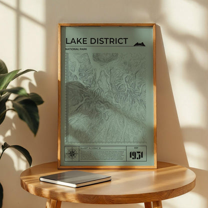 Framed topography hiking trail map poster in green, detailed contour design, great for trekking fans.