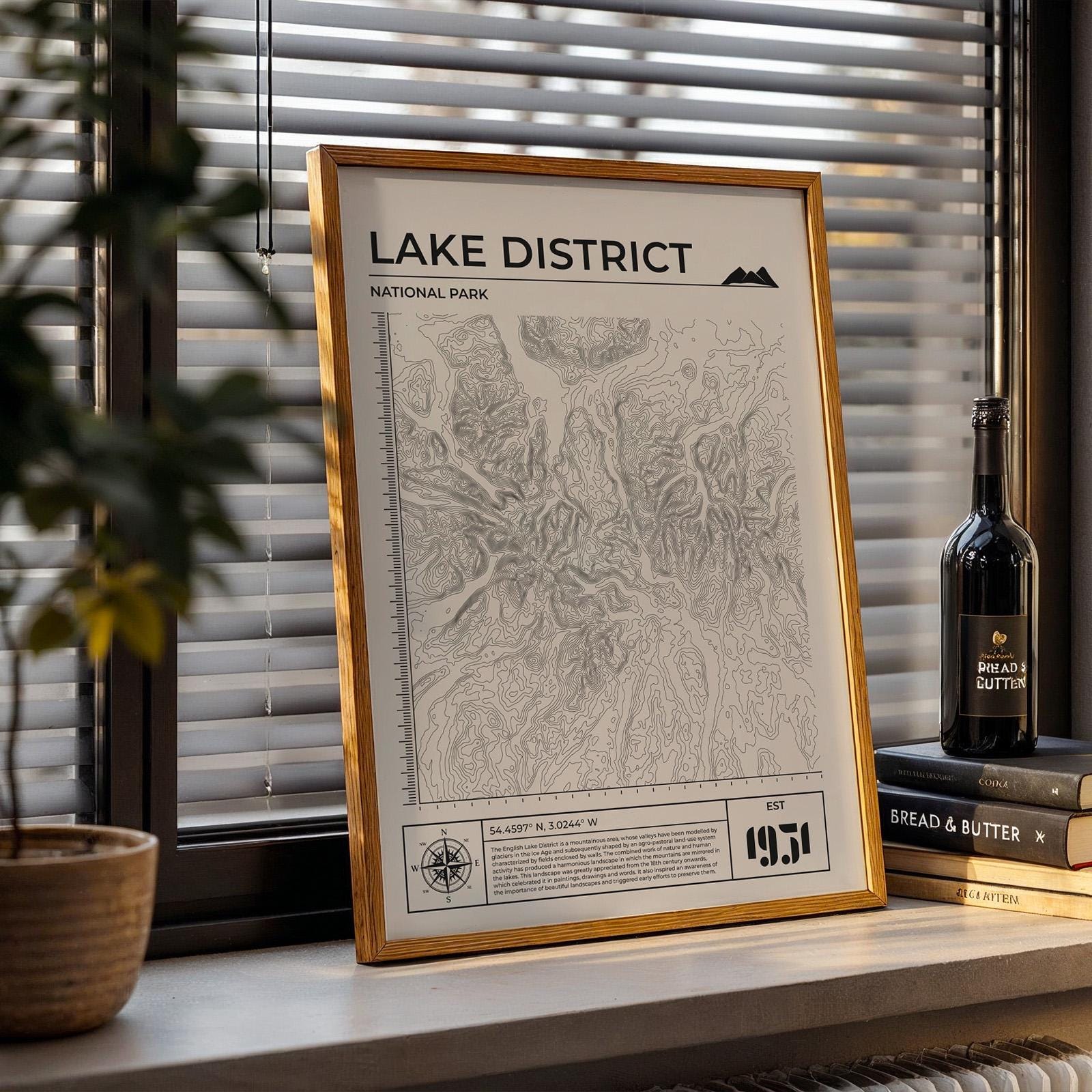 Framed countryside topography design in neutral, great gift for outdoor enthusiasts.