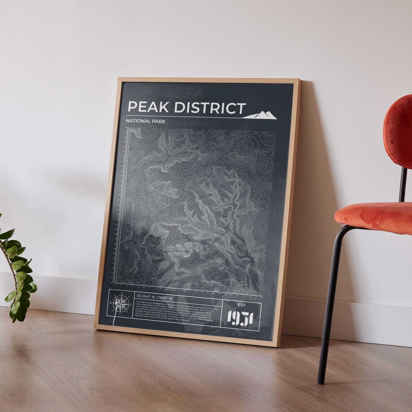 Peak District contour map art print framed, slate rustic colouring, great hiking decor.