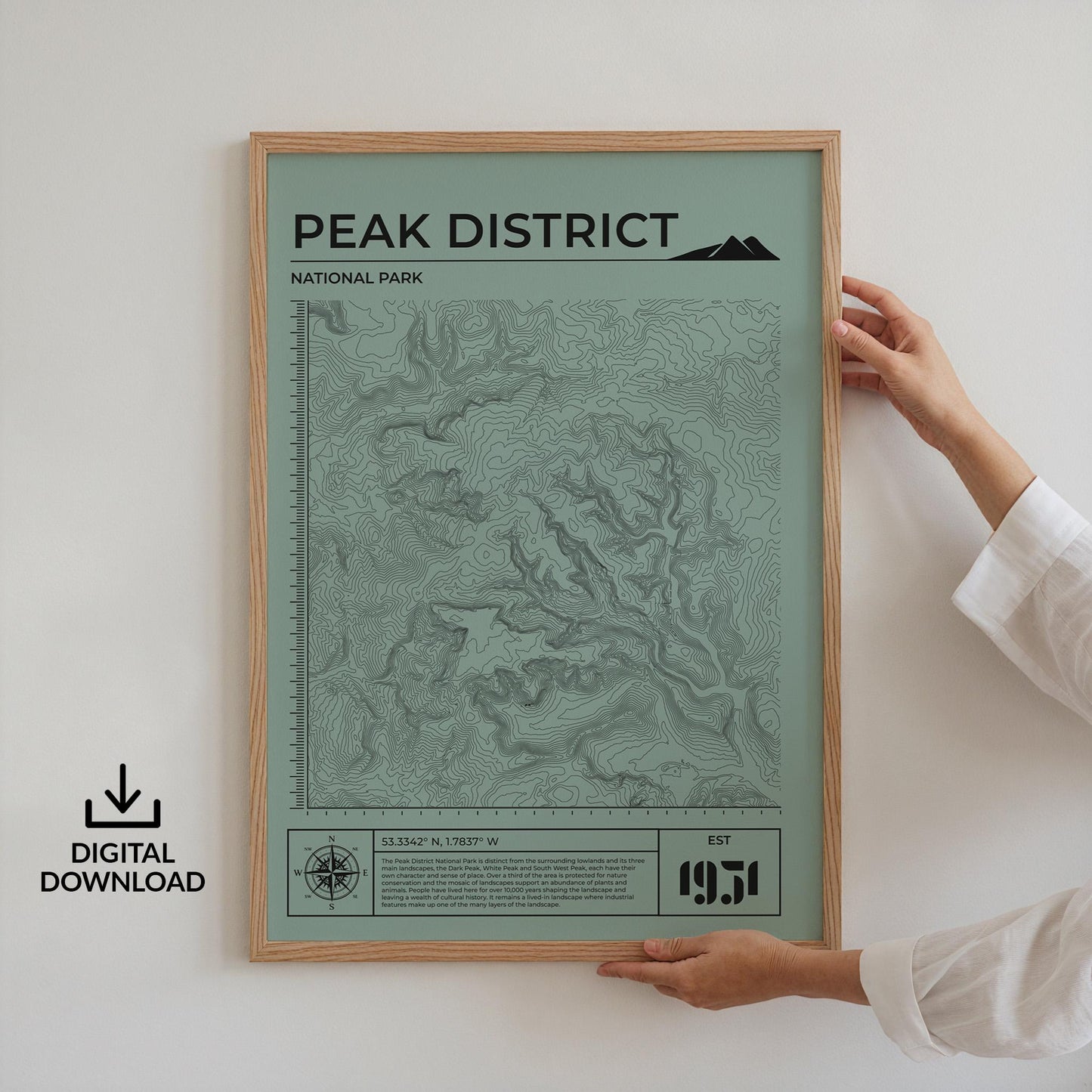 Easy printable UK national park map digital file, great for hiking and countryside lovers. Being held up on wall art.
