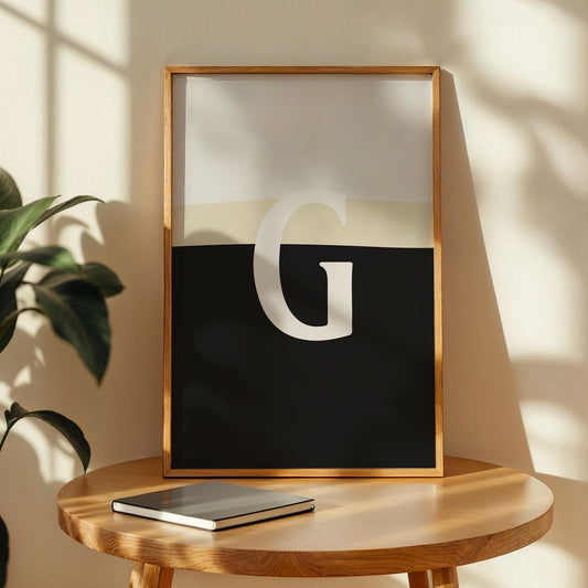 Close-up pint glass art print with split letter G design, black and white, perfect gift for beer lovers.