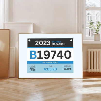 Custom digital marathon bib print with runner name and race time, available for instant download. Great marathon keepsake.