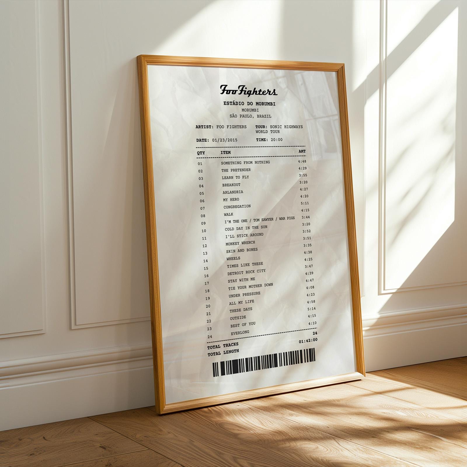 Custom gig receipt poster framed print for music lovers celebrating their favorite live shows. leaning on wall oak frame