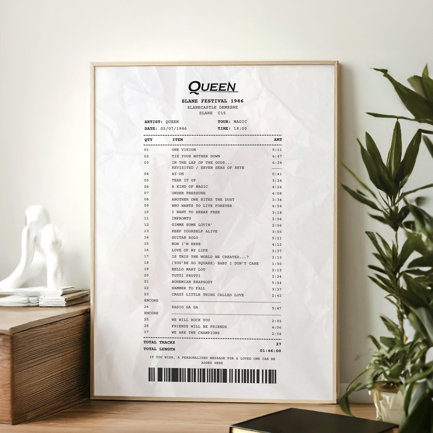 Personalised concert receipt print framed for music room decor or special keepsake for fans
