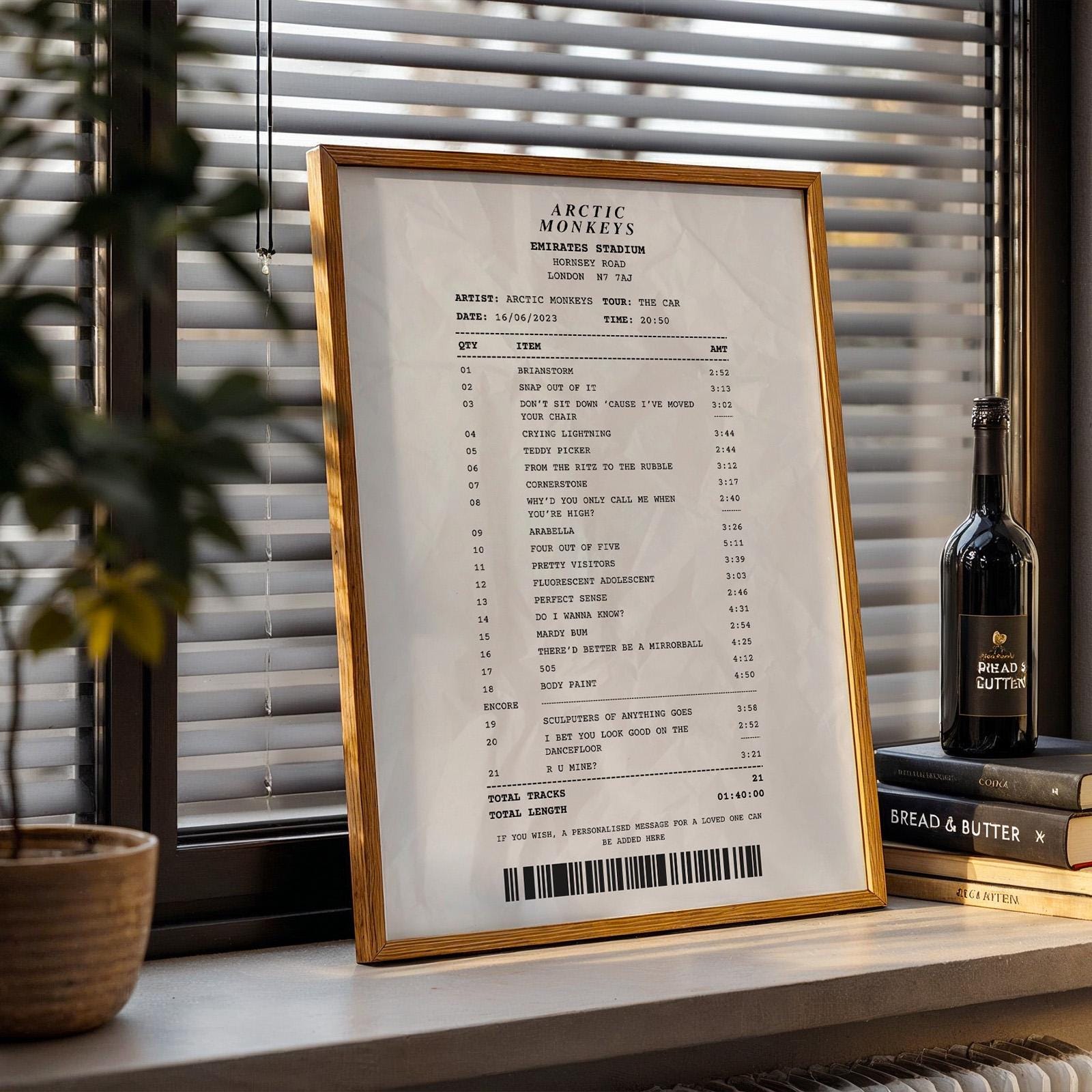 Custom concert setlist poster styled like a receipt framed keepsake gift for music lovers and concert memories