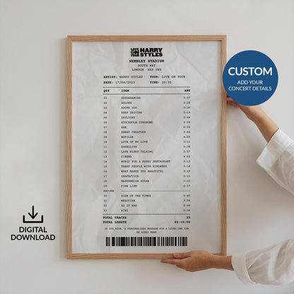 Digital download concert setlist poster custom receipt design ideal for music lovers and printable gifts