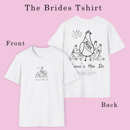 Trendy hen party shirt featuring hens sketch, perfect for personalized bride and bridesmaid gifts.