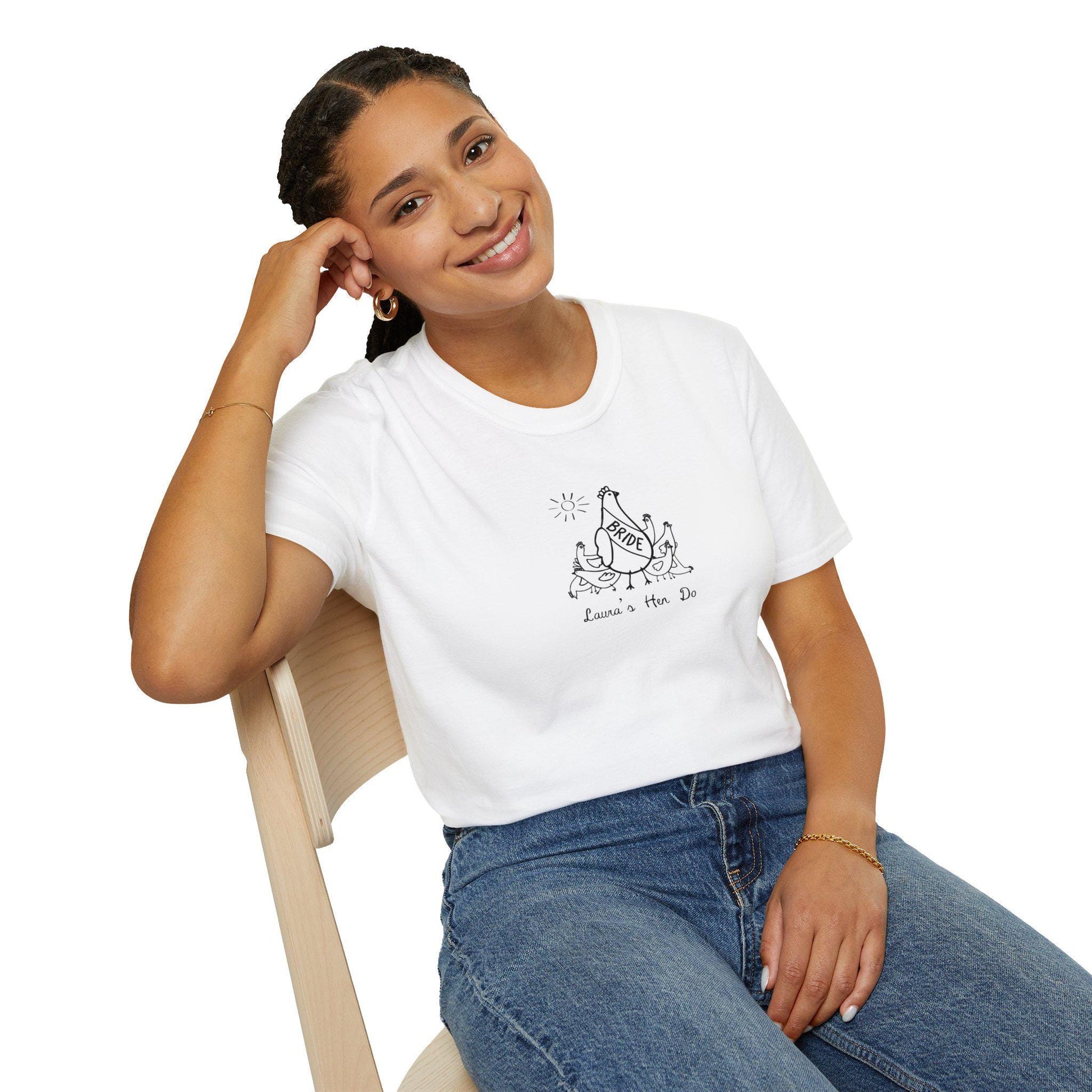 Matching hen do tees with hen illustrations, customizable for bride and bridesmaids.