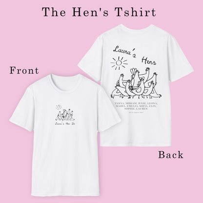 Funny customizable hen do tee with cute chicken drawings, matching bride and bridesmaids.