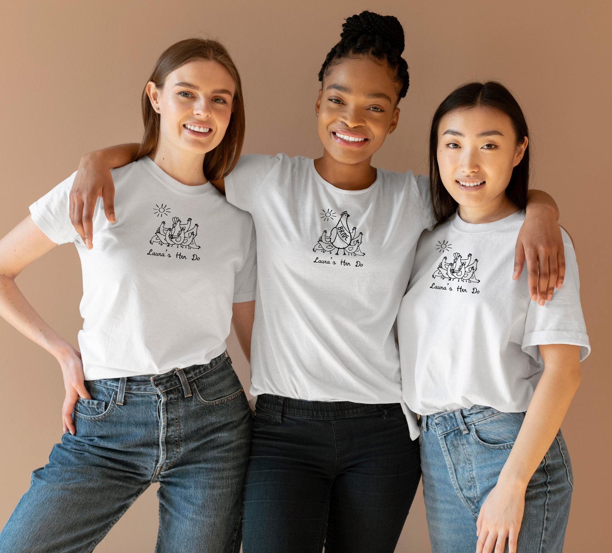 Personalized hen party shirt with hen sketches, great for bride and bridesmaid matching sets.