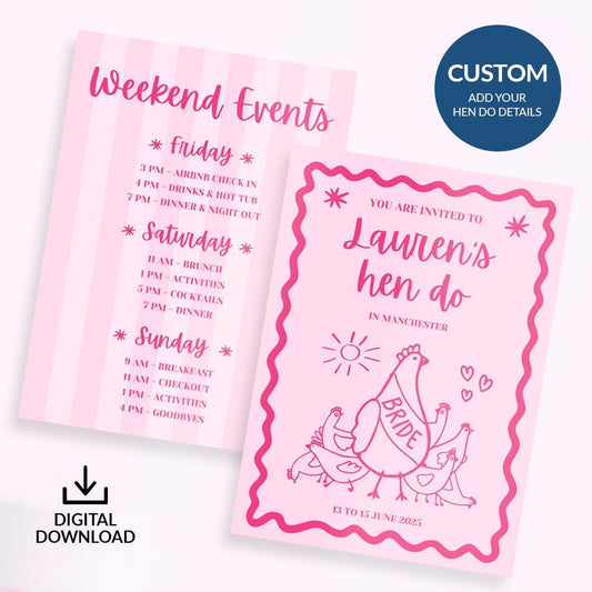 Trendy girly bachelorette invitation file with cute chicken graphic customizable and affordable