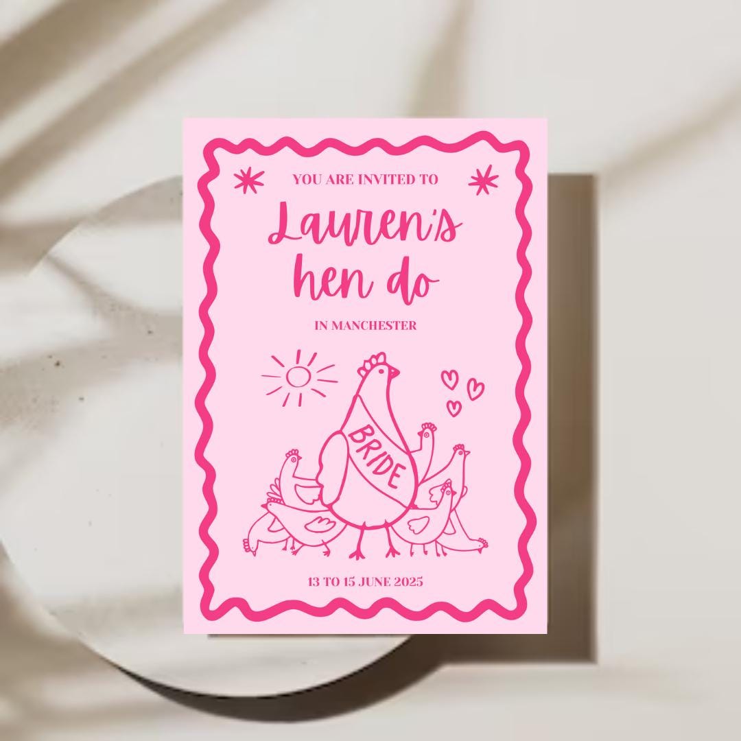 Unique hen do invitation template with playful hen chicken artwork perfect for last-minute party planning