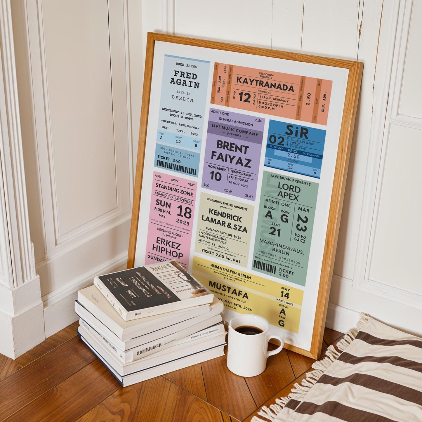 Bespoke custom concert ticket art, vintage style, framed nostalgic gift for music fans. Framed on bedroom floor leaning.