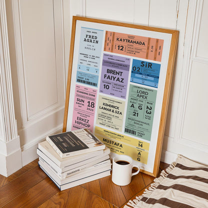Bespoke custom concert ticket art, vintage style, framed nostalgic gift for music fans. Framed on bedroom floor leaning.