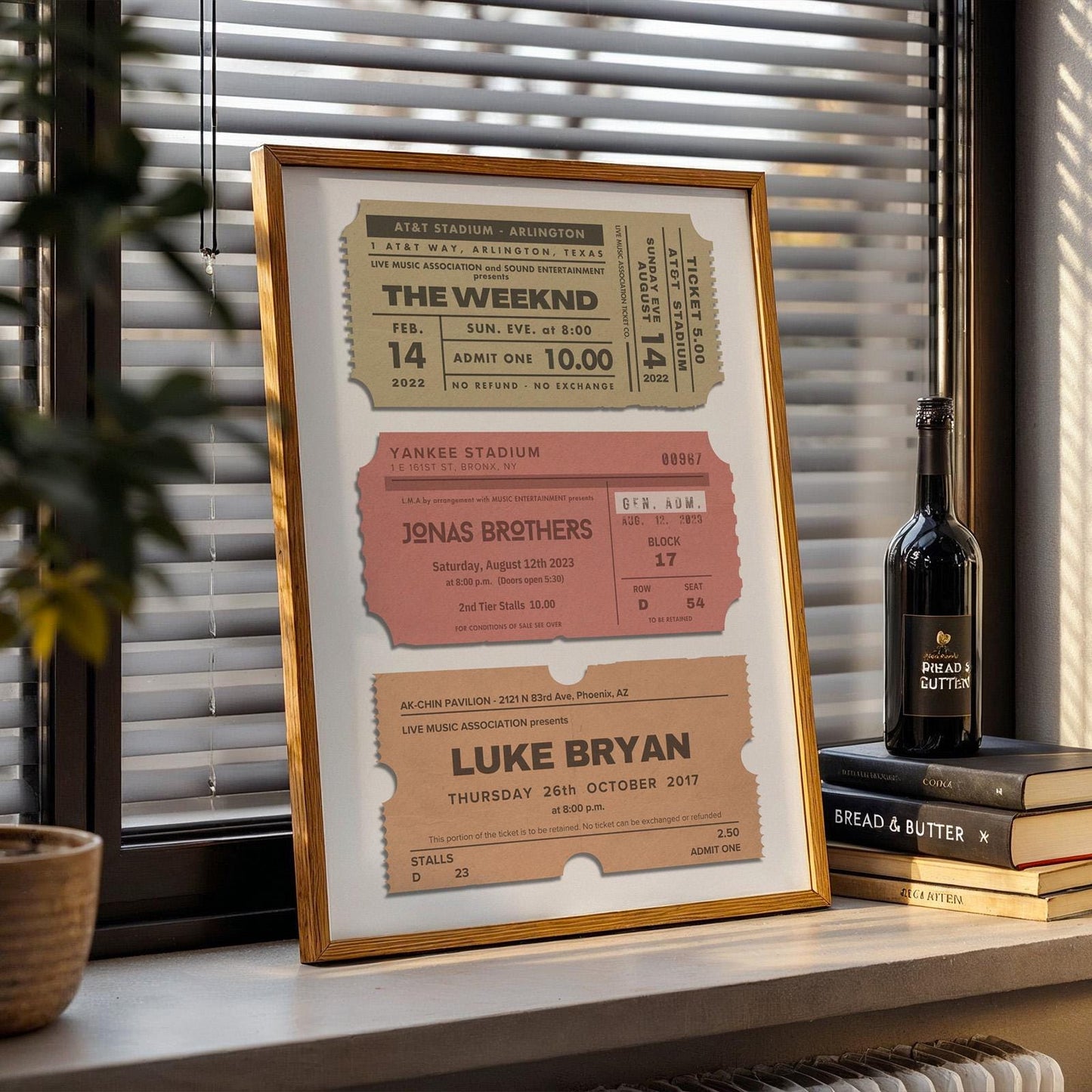 Wood framed on shelf Music-themed personalised poster featuring your own concert dates in a vintage ticket stub design