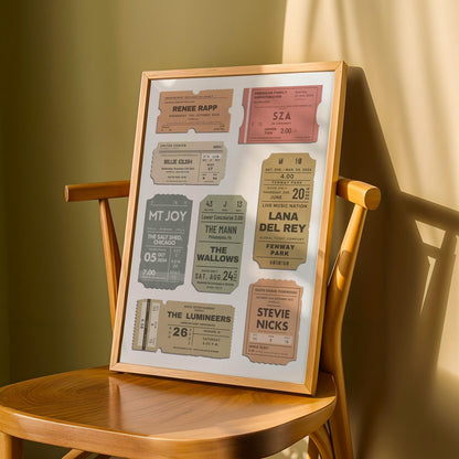 Personalised printable concert memorabilia print leaning on wood chair. A bespoke digital file for music lovers to cherish