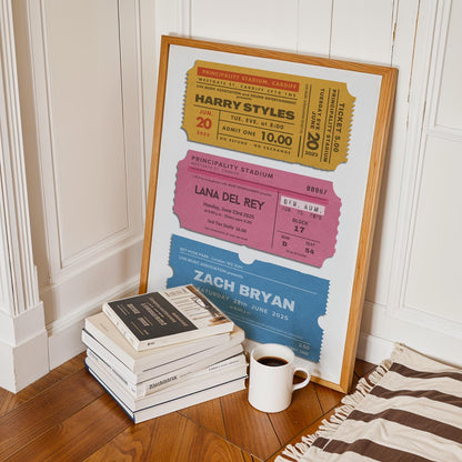 Printable retro memory print featuring personalised colourful ticket designs bespoke digital file for music lovers