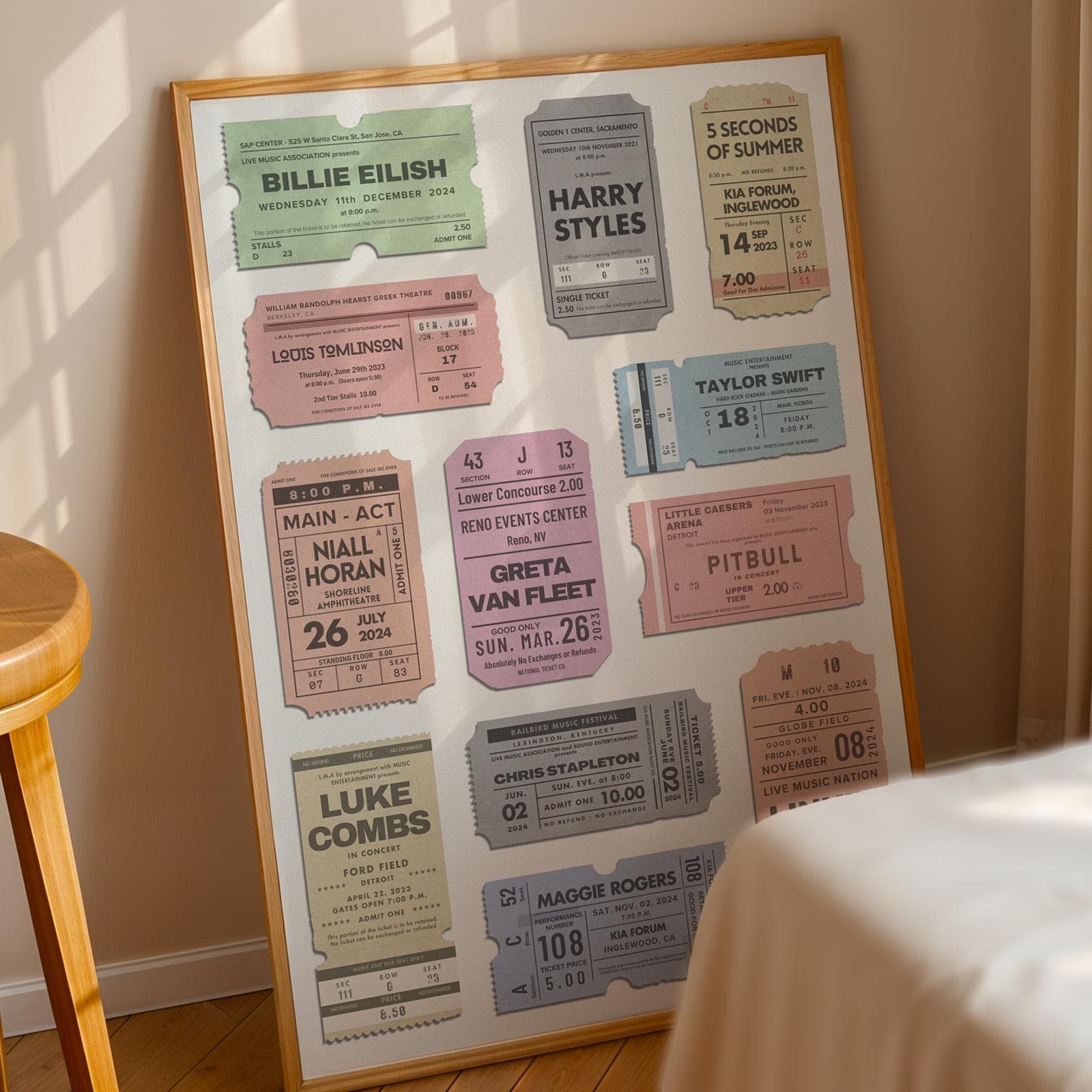 Bespoke music-themed digital print featuring your own festivals and music events as vintage stubs perfect for DIY gifting. Poster in bedroom