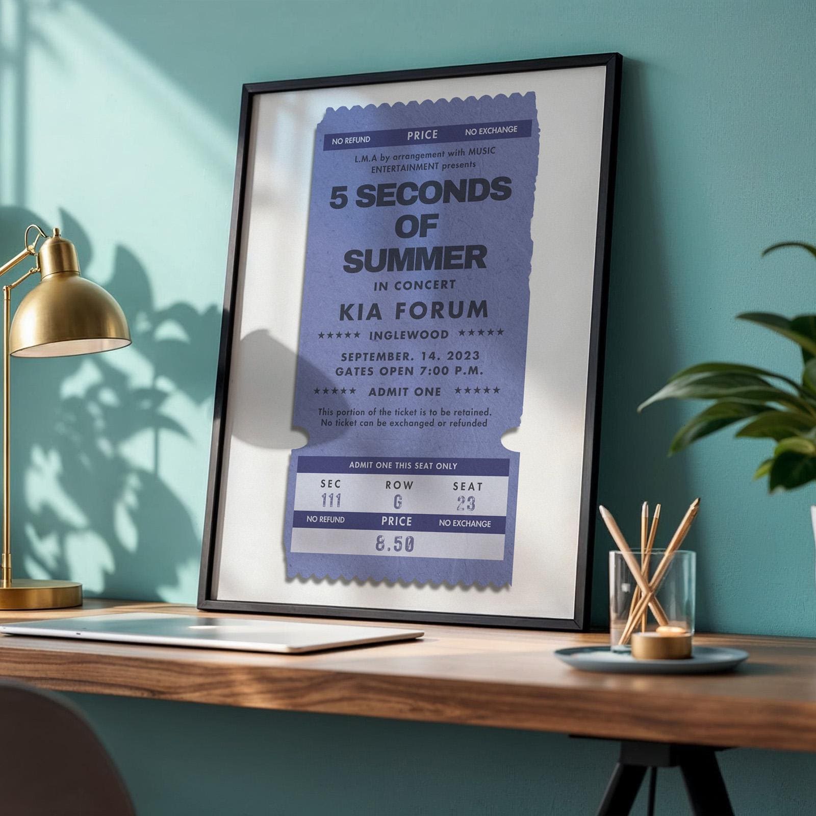 Digital concert ticket print in deep blue, single customised design, thoughtful keepsake. Nostalgic and unique memory present